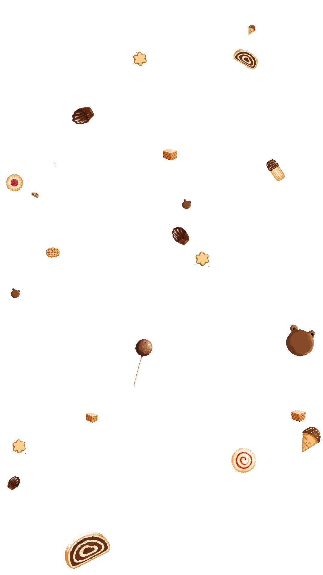 Various small assorted desserts including cookies, chocolates, cake rolls, and cake pops scattered on a transparent background.