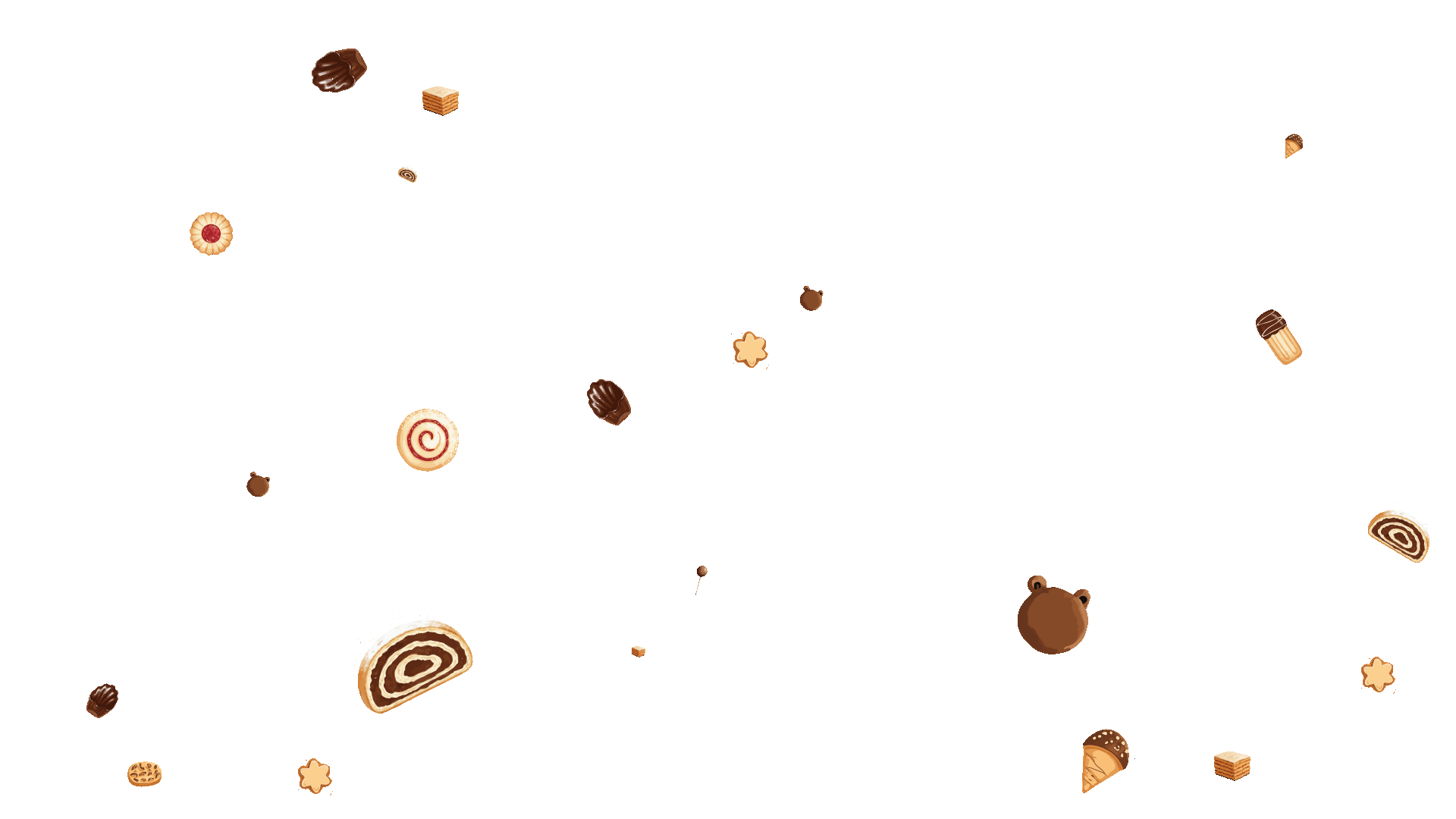 Scattered small cookies and pastries including swirls, star shapes, chocolate-dipped treats, and layered squares on a transparent background.