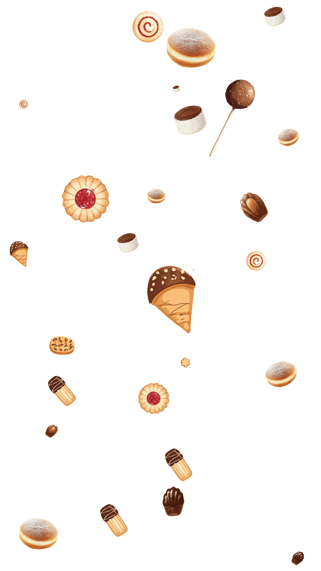 Scattered assorted sweet treats including powdered doughnuts, chocolate-covered cookies, jelly-filled cookies, small cakes with chocolate topping, and ice cream cones with chocolate coating.