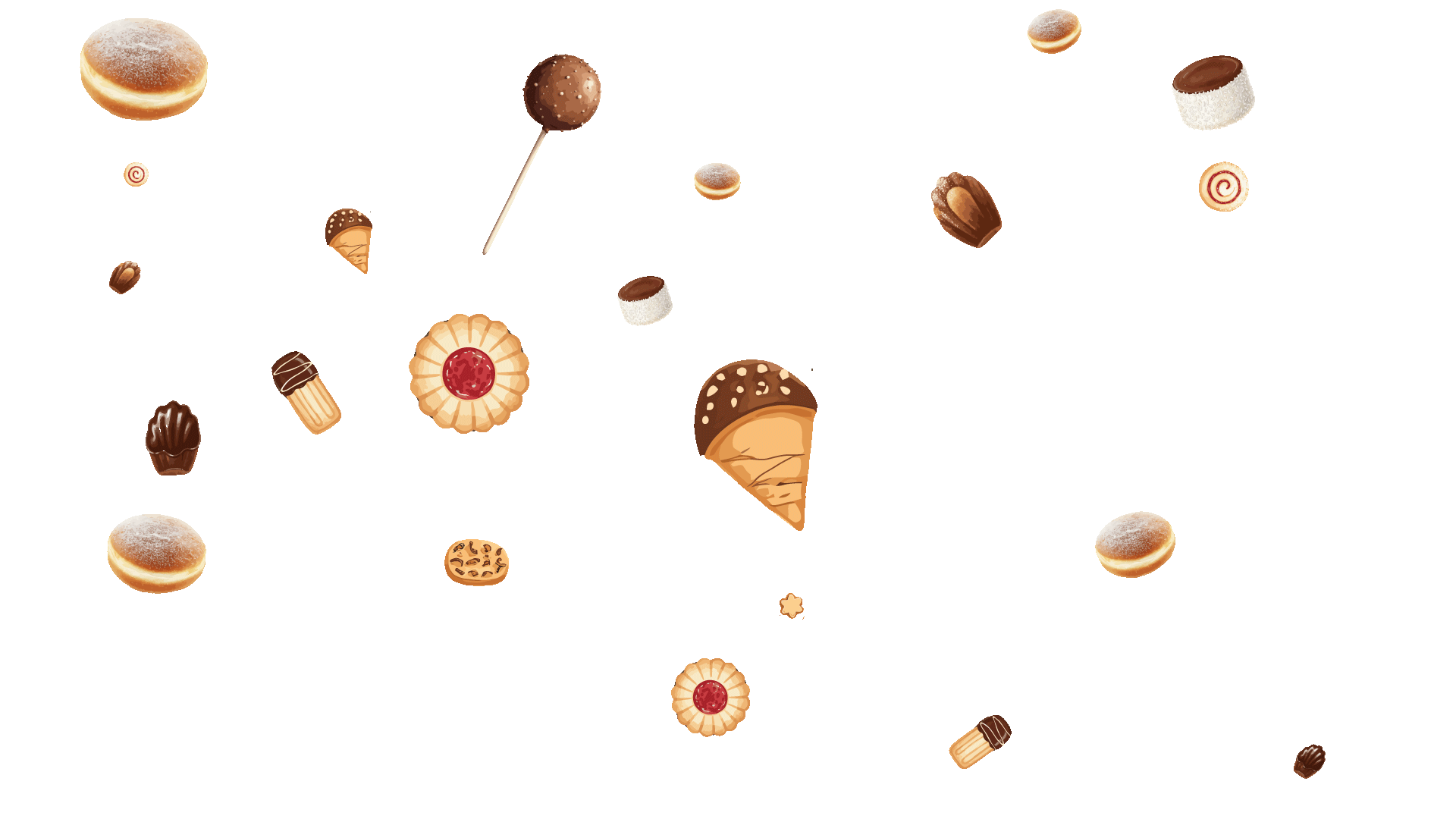 Assorted cookies and pastries scattered on a black background, including doughnuts, chocolate-covered biscuits, jam-filled cookies, and cone-shaped treats.