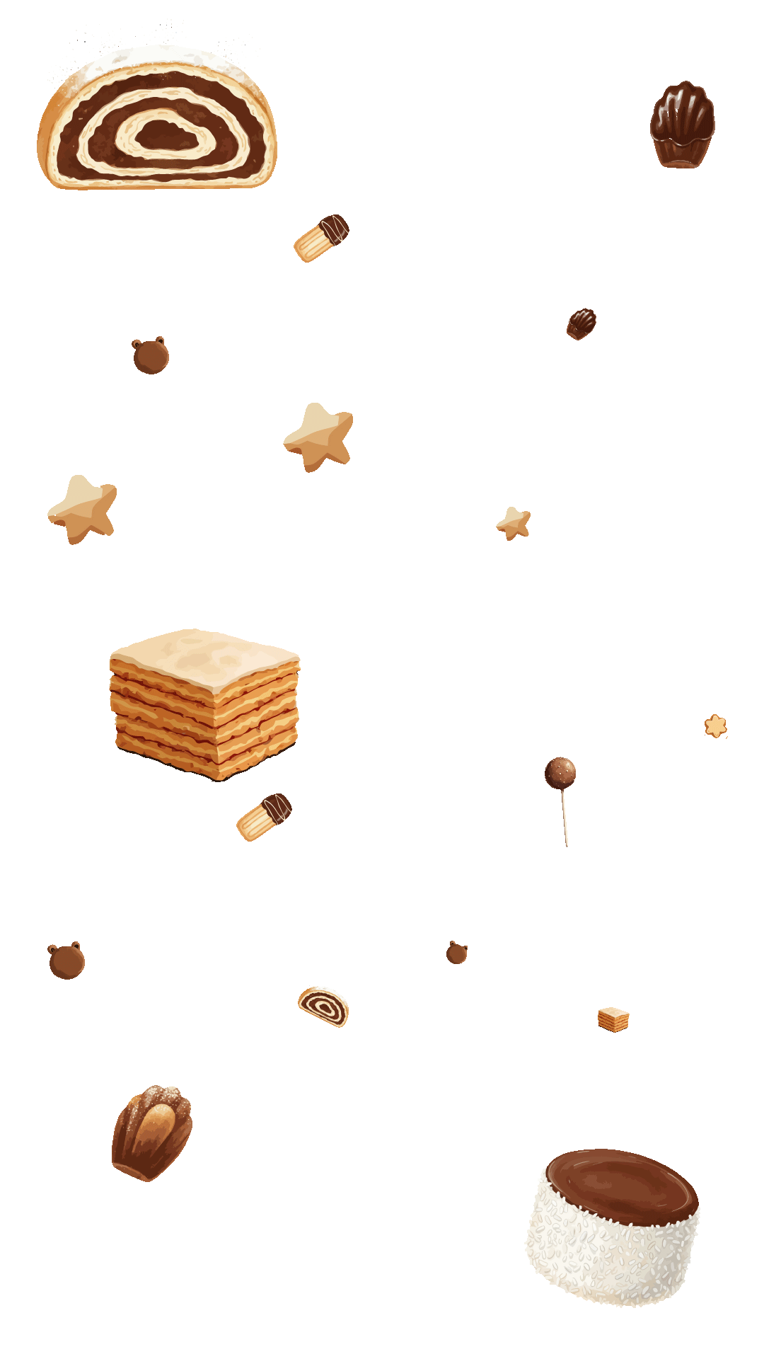 Assortment of various small pastries and confections including layered cake, cream-filled roll, chocolate-covered treats, and star-shaped cookies scattered on a white background.