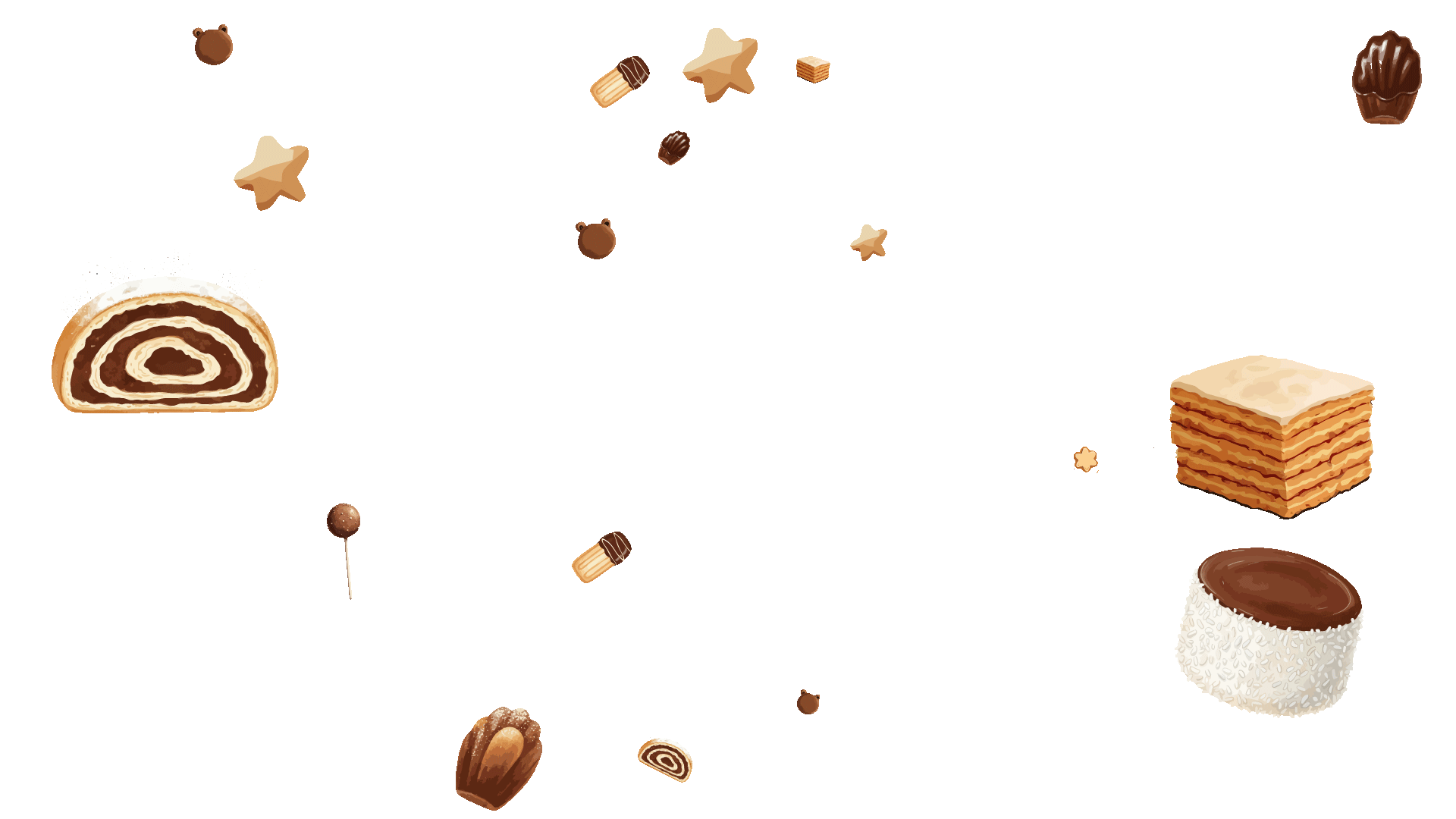 Various illustrated chocolate and vanilla pastries and cookies scattered on a transparent background.