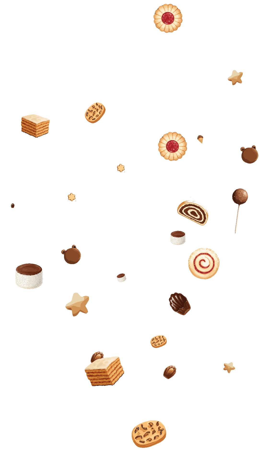 Various small assorted cookies and pastries including star-shaped, chocolate chip, jam-filled, layered cake squares, and chocolate treats scattered on a transparent background.