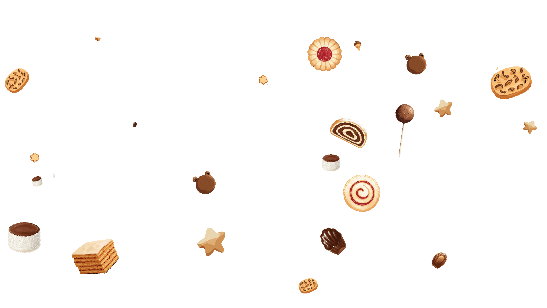 Scattered assortment of various small cookies and chocolates on a transparent background.